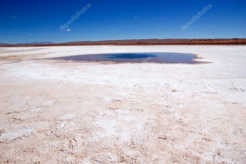 Ojos de Mar close the town of Tolar Grande in Puna, Argentina. Ojos de Mar is a group of small water bodies characterized by a blue colour in white salty desert landscape under a bright blue sky