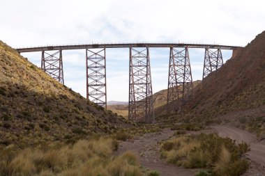 Arjantin 'in Puna de Atacama şehrindeki La Polvorilla viyadükünde. Viyadük, And Dağları sırasındaki bir turist treni olan Bulutlar Treni tarafından işletiliyor. 4200 metreden fazla. 