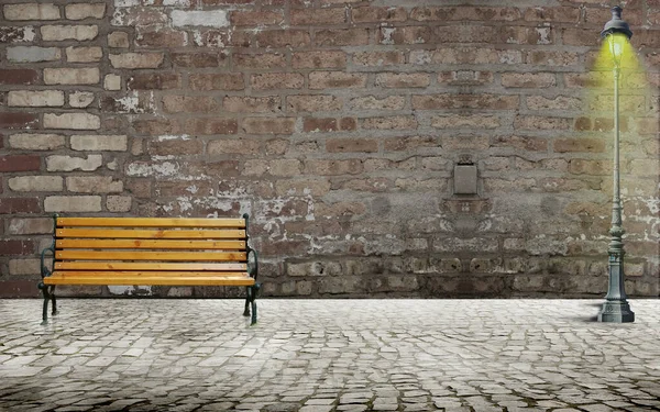 Bank Straatlamp Met Een Oude Muur Achtergrond Illustratie Voor Meerdere — Stockfoto