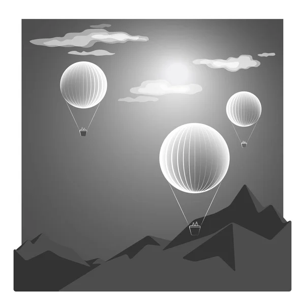 Hete lucht ballonnen. Ballonnen vliegen over nacht bergen. — Stockvector