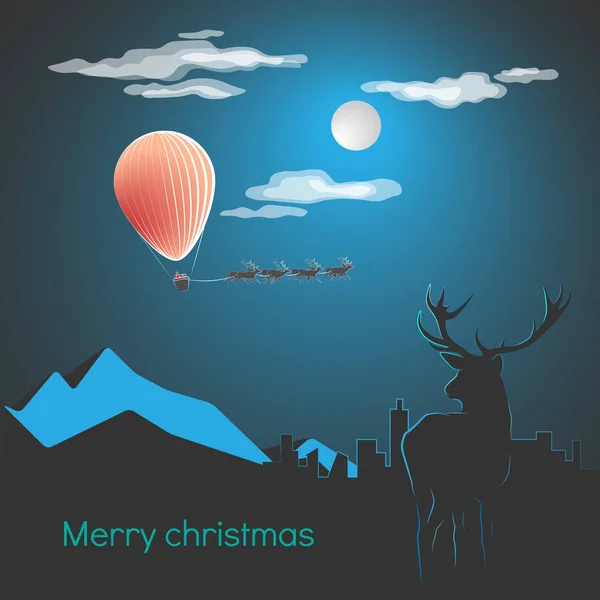 クリスマス カード。それは、夜の町と鹿のフライング サンタ — ストックベクタ