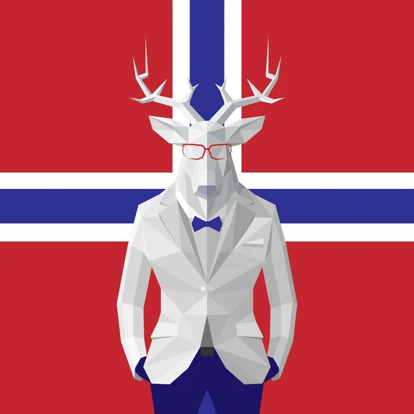 Stijlvolle herten in zwart pak. Noorwegen vlag achtergrond. Bril. — Stockvector