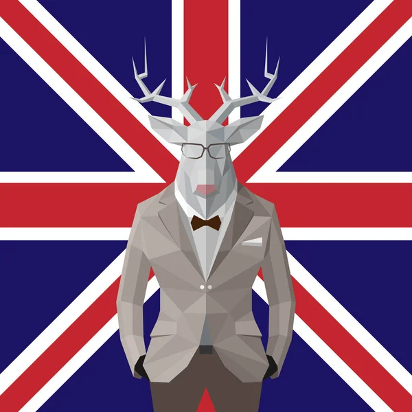 穿黑西装的时尚鹿。英国的国旗背景。眼镜. — 图库矢量图片