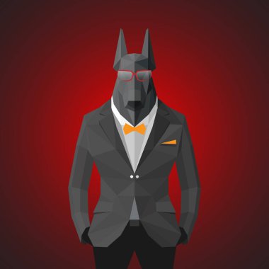 Gri ceketli şık köpek .