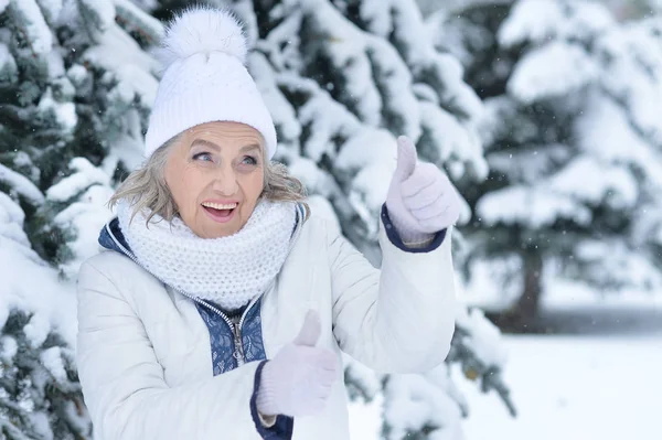 Senior woman in winter park — Stock Photo, Image