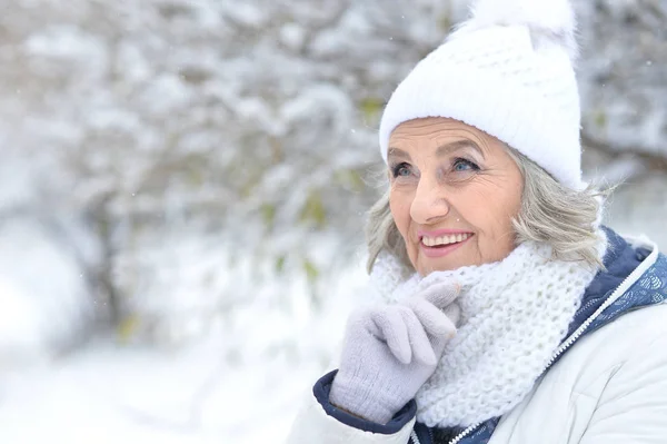 Seniorin im Winterpark — Stockfoto