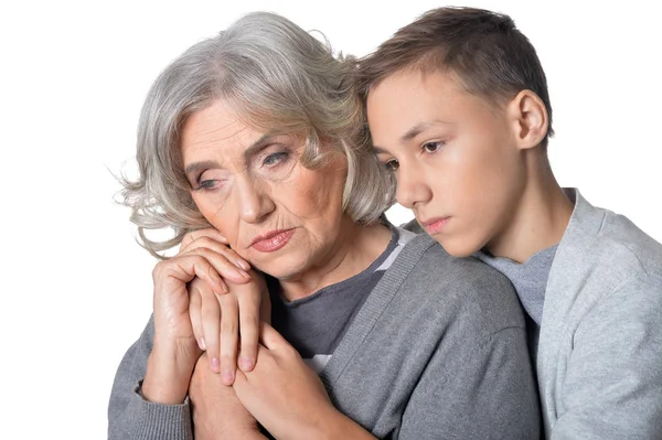 Pensive grandmother and grandson — Stock Photo, Image