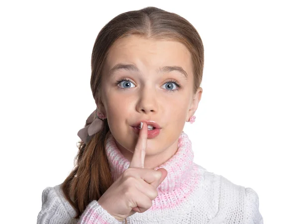 Kleines Mädchen zeigt Schweigezeichen — Stockfoto