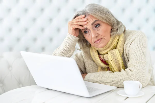 Seniorin nutzt Computer — Stockfoto