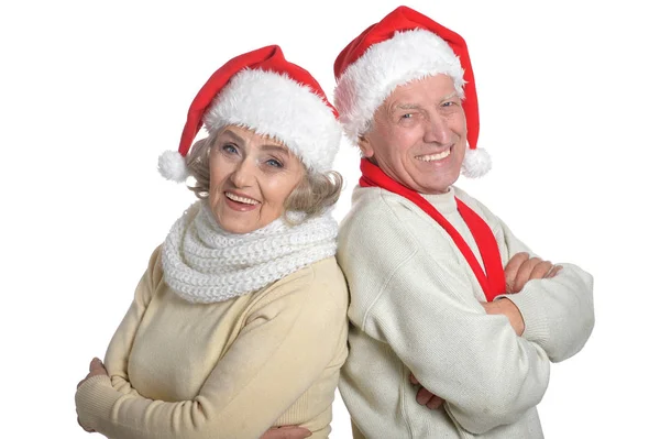 Couple aîné en chapeaux de Père Noël — Photo