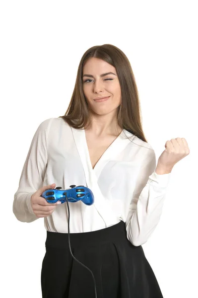 Beautiful young woman with joystick — Stock Photo, Image