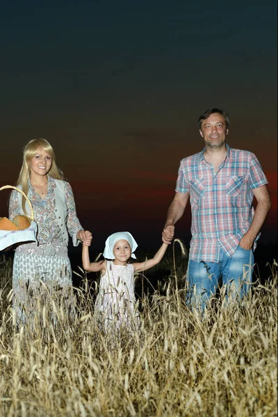 夜の草原の家族 — ストック写真