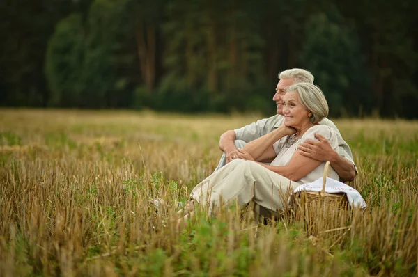 Пожилая пара на скошенном поле пшеницы — стоковое фото