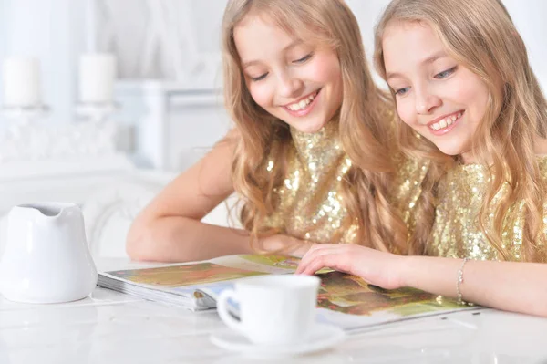 Милые сестры-близнецы с современным журналом — стоковое фото