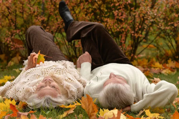 Пожилая пара лежит на зеленой траве — стоковое фото