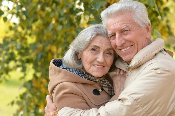 Senior paar knuffelen in het park — Stockfoto