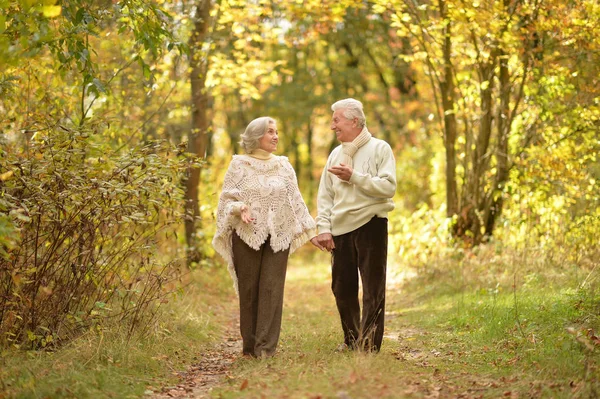 Пожилая пара, гуляющая в парке — стоковое фото