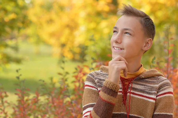 Boy thinking  in autumnal park — Stock Photo, Image