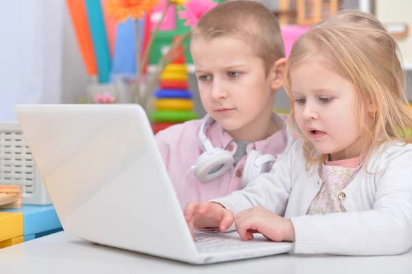 Broer en zus met laptop — Stockfoto