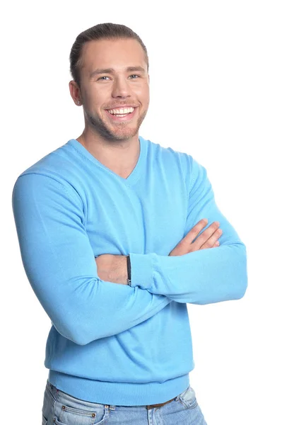 Handsome young man in blue sweater — Stock Photo, Image