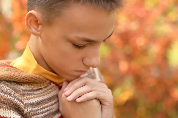 Boy in autumn park praying — Stock Photo, Image