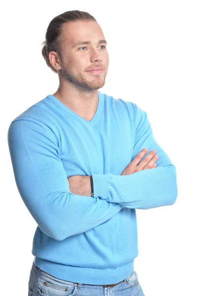 Knappe jongeman in blauwe trui — Stockfoto