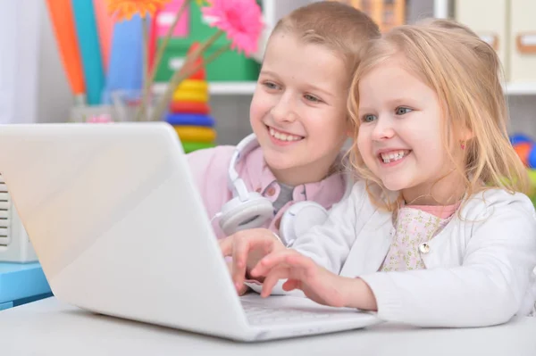 Erkek ve kız kardeş dizüstü bilgisayar kullanıyor — Stok fotoğraf
