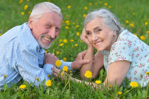 Äldre par liggande på ängen — Stockfoto