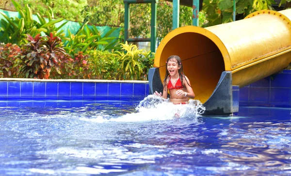 Happy girl  on water slide — Stock Photo, Image