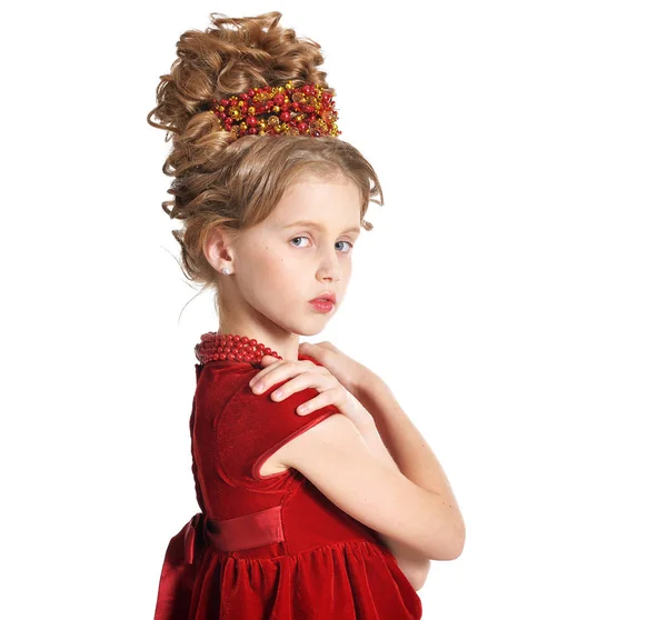 Niña en vestido de terciopelo rojo —  Fotos de Stock