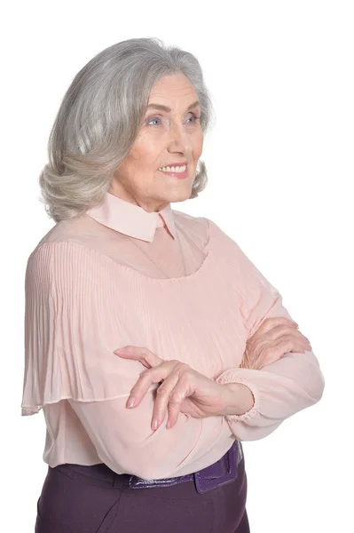 Seniorin in pinkfarbener Bluse — Stockfoto
