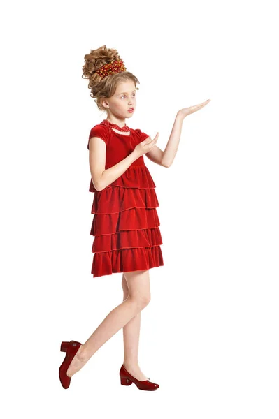 Lilla flickan i röd sammetsklänning — Stockfoto