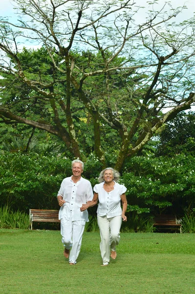 Pareja mayor feliz corriendo — Foto de Stock