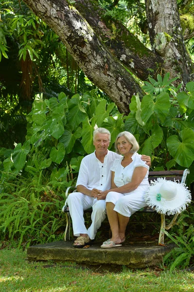 Senior couple sitting at bench — Stock Photo, Image
