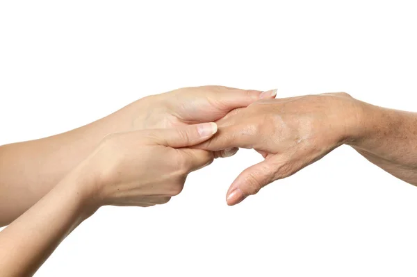 Mulher segurando filhas mãos — Fotografia de Stock