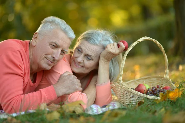 Couple couché dans le parc d'automne — Photo