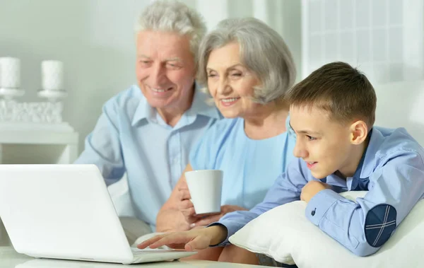 Grands-parents et petit-fils utilisant un ordinateur portable — Photo