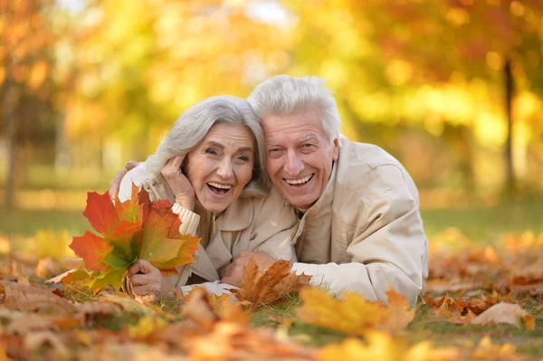 Кавказская старшая пара с листьями — стоковое фото