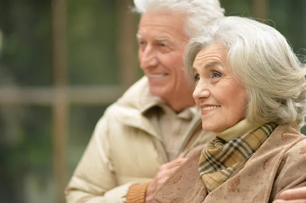 Senior paar knuffelen in het park — Stockfoto