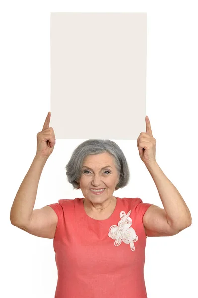 Elderly woman with blank card — Stock Photo, Image