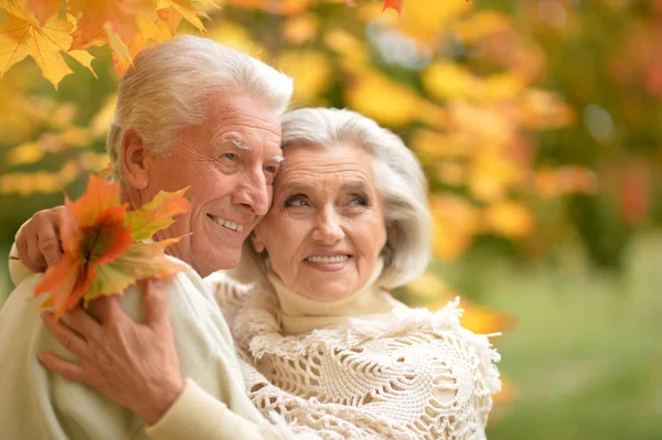 Caucasian senior couple with leaves — Stock Photo, Image