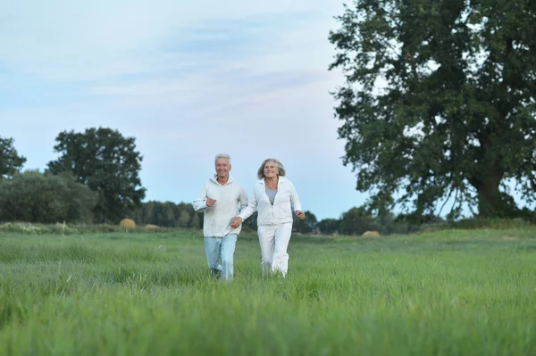 Pareja mayor corriendo en el campo — Foto de Stock