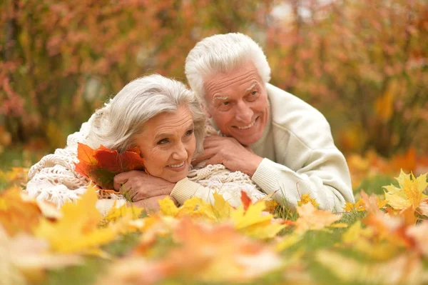 Coppia nel parco autunnale sdraiato — Foto Stock