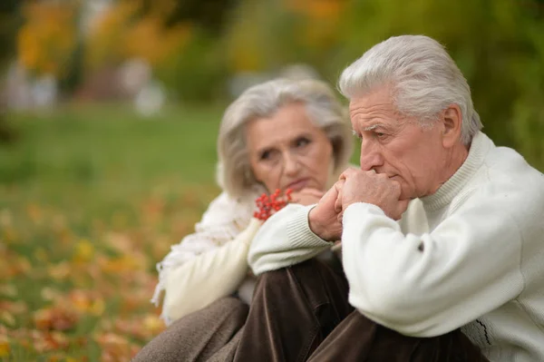 Грустная старшая пара в парке — стоковое фото