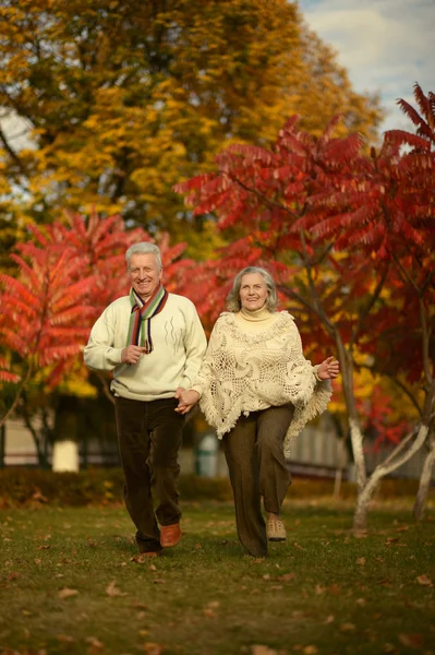 Starší pár běží v parku — Stock fotografie
