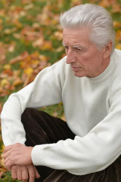 Doordachte senior man in park — Stockfoto