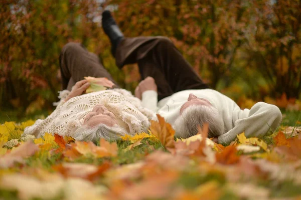 Casal no parque de outono deitado — Fotografia de Stock