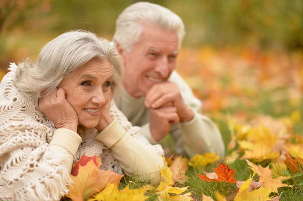 Coppia nel parco autunnale sdraiato — Foto Stock