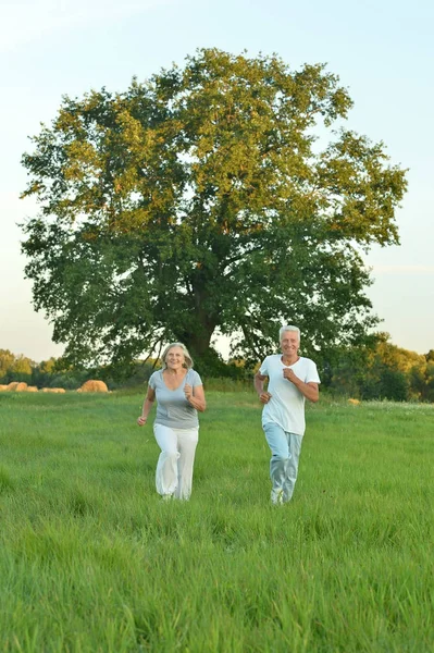 Idősebb pár futás-ban mező — Stock Fotó