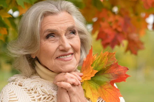 Mujer sosteniendo hojas de otoño — Foto de Stock